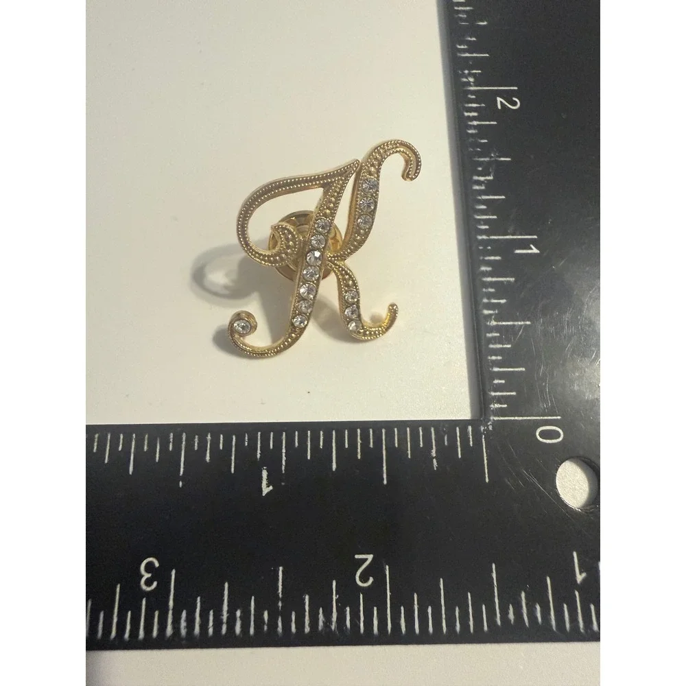 Gold Tone Initial Letter K Rhinestone Script Lapel Pin Brooch Monogram Accessory